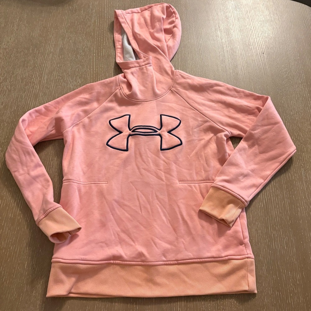 Under Armour ColdGear Pink Fleece Hoodie Pullover Women's Medium Loose Logo EUC